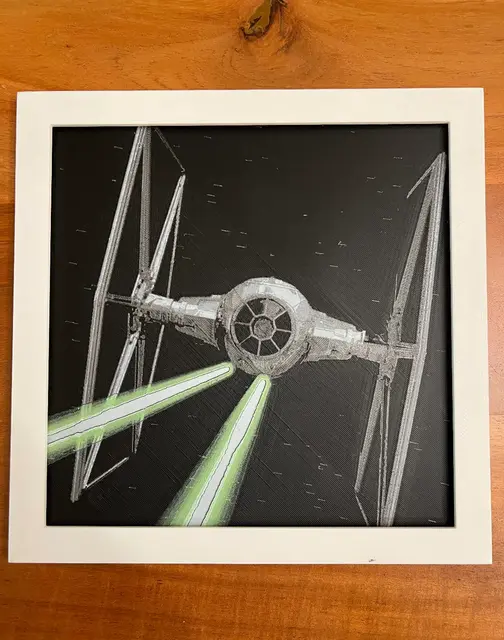 HueForge model: Tie Fighter with Green Blasters Black Background by JustBe 3D Printing