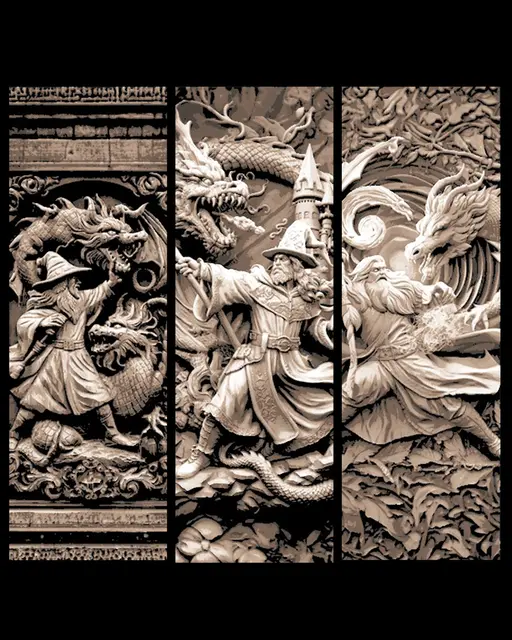 HueForge model: Intricate Carvings of A Epic Fantasy Battle between Mage and Dragon - Set of Bookmarks by BooneCo3d