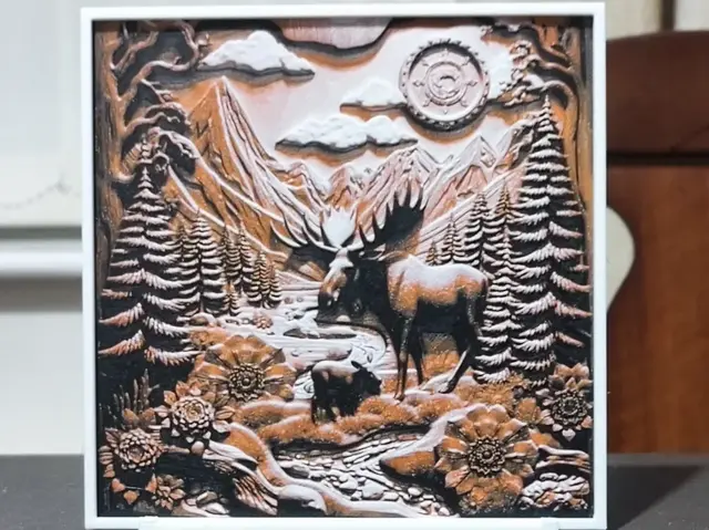 HueForge model: Wood Carving Moose Landscape - HueForge 3 Color by BoDad
