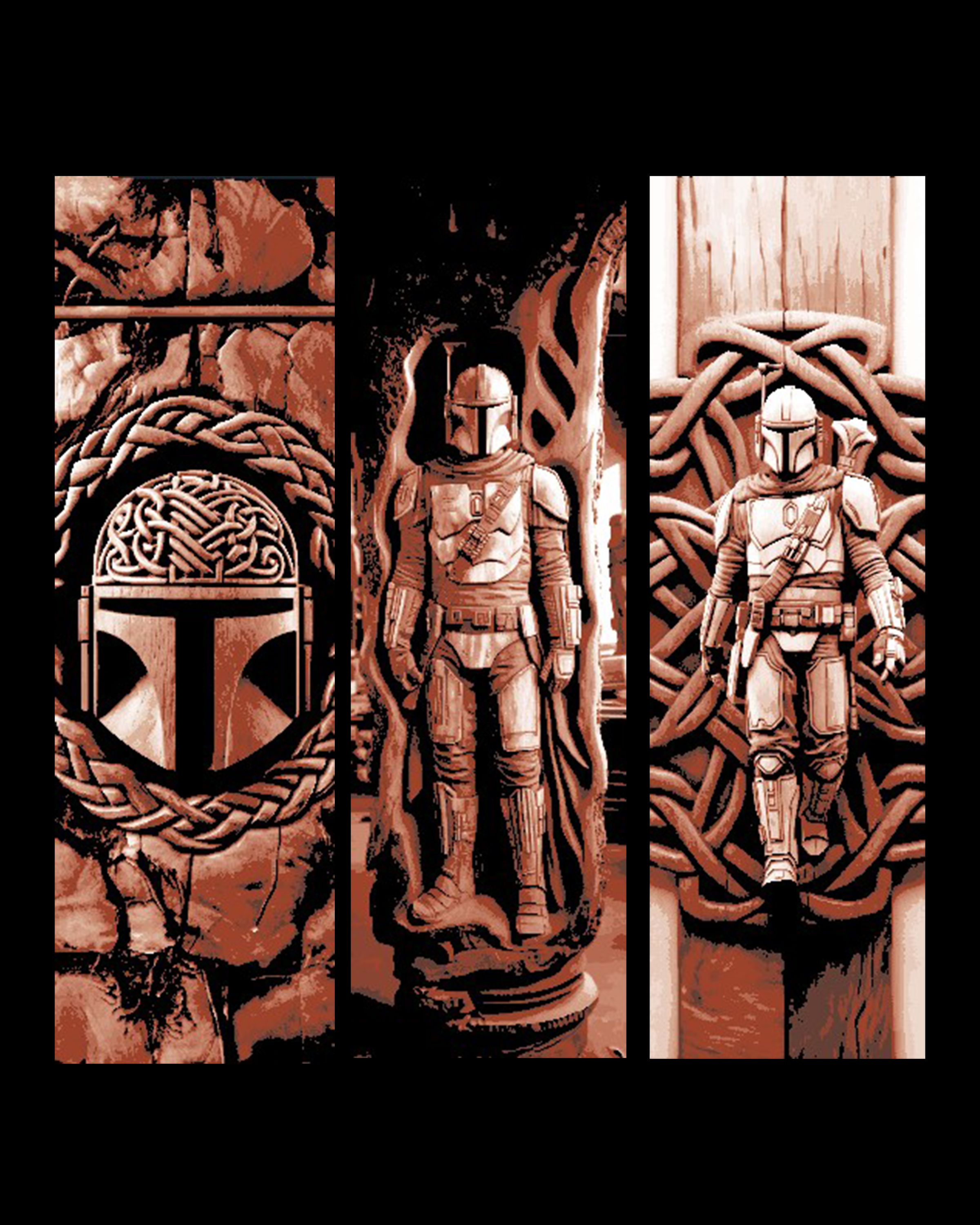 Celtic Wood Carvings of the Bounty Hunter Boba Fett from Star Wars - Fan Art set of Bookmarks by BooneCo3d HueForge model: Celtic Wood Carvings of the Bounty Hunter Boba Fett from Star Wars - Fan Art set of Bookmarks by BooneCo3d