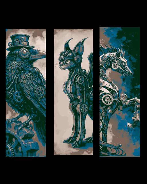 designs of the steampunk world - animal hybrids on display - set of bookmarks