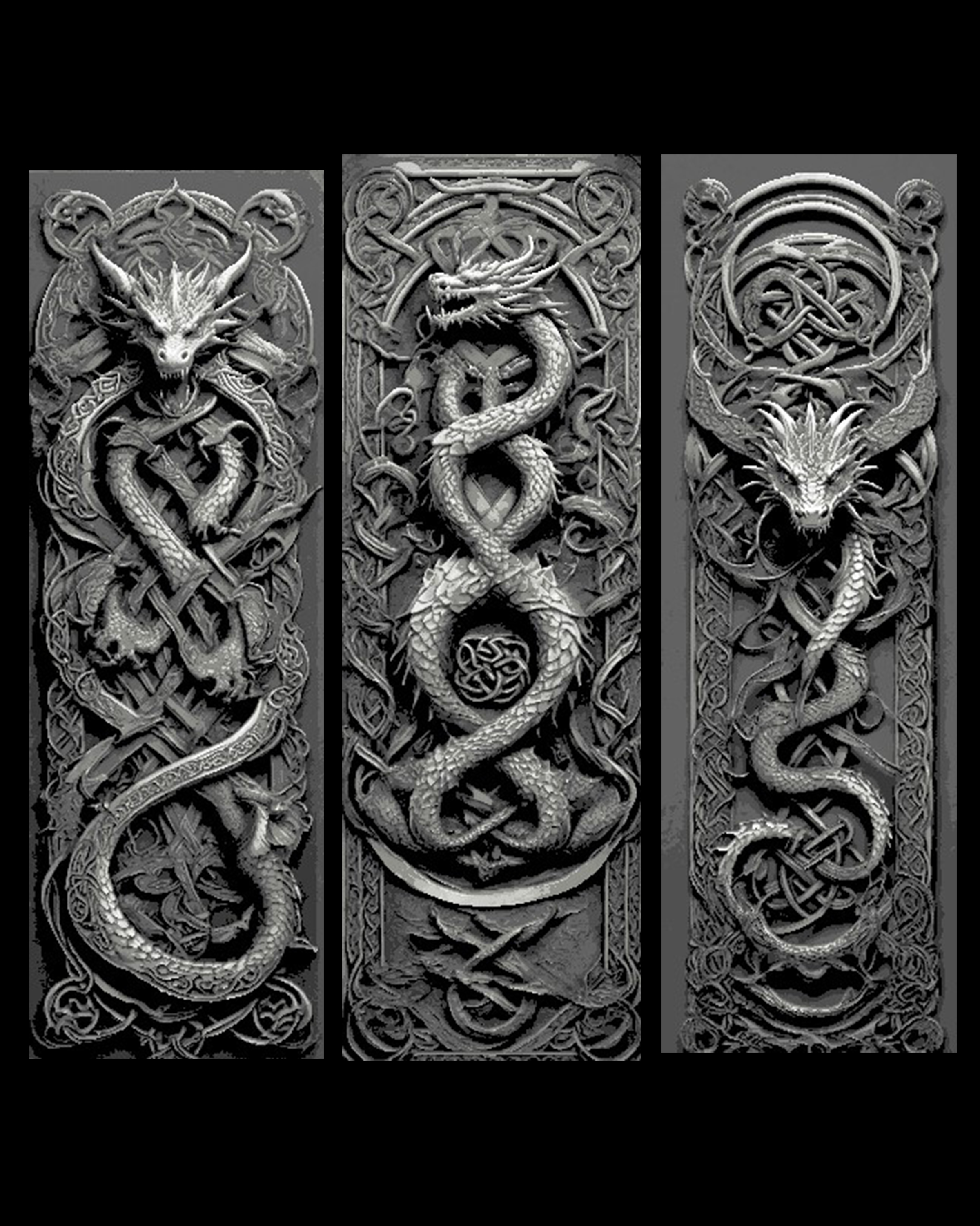 Celtic Knot Carvings depicting Dragons Guarding the way - Set of Bookmarks by BooneCo3d HueForge model: Celtic Knot Carvings depicting Dragons Guarding the way - Set of Bookmarks by BooneCo3d