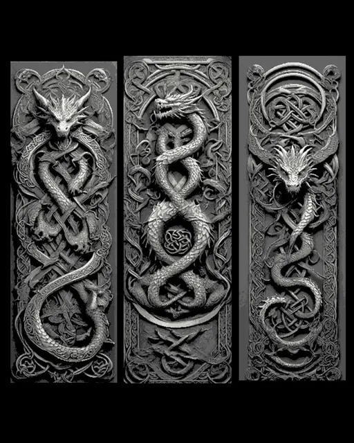 HueForge model: Celtic Knot Carvings depicting Dragons Guarding the way - Set of Bookmarks by BooneCo3d