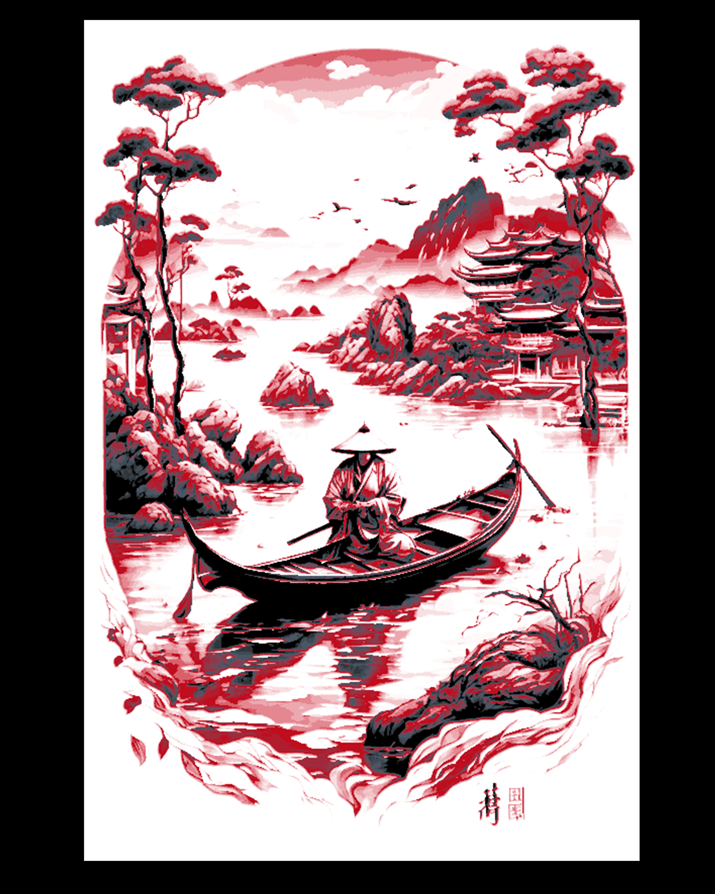Asian Artistic work - boat on the water with temples around - hueforge by BooneCo3d HueForge model: Asian Artistic work - boat on the water with temples around - hueforge by BooneCo3d