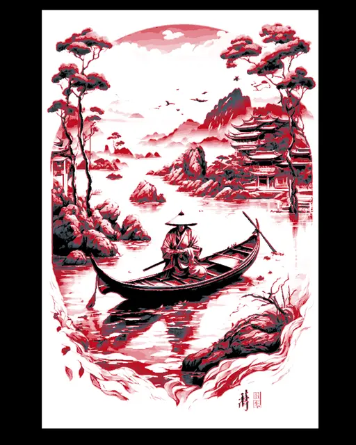 HueForge model: Asian Artistic work - boat on the water with temples around - hueforge by BooneCo3d