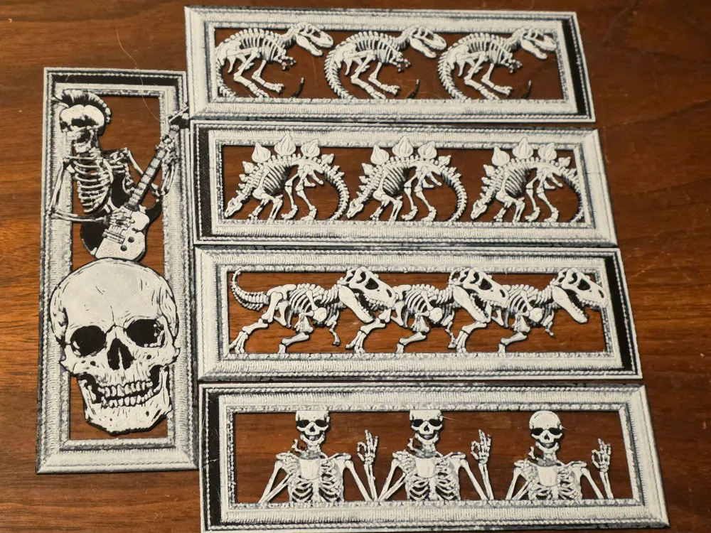 Framed Skeleton Bookmarks Set of 6 Black/White by AirMechDesigns HueForge model: Framed Skeleton Bookmarks Set of 6 Black/White by AirMechDesigns