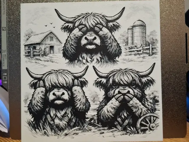 HueForge model: No hear, No see, no speak - Highland cow hueforge by 3dGlow