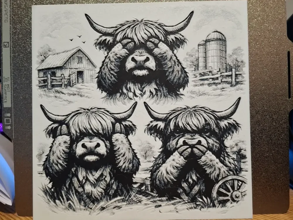 No hear, No see, no speak - Highland cow hueforge by 3dGlow HueForge model: No hear, No see, no speak - Highland cow hueforge by 3dGlow