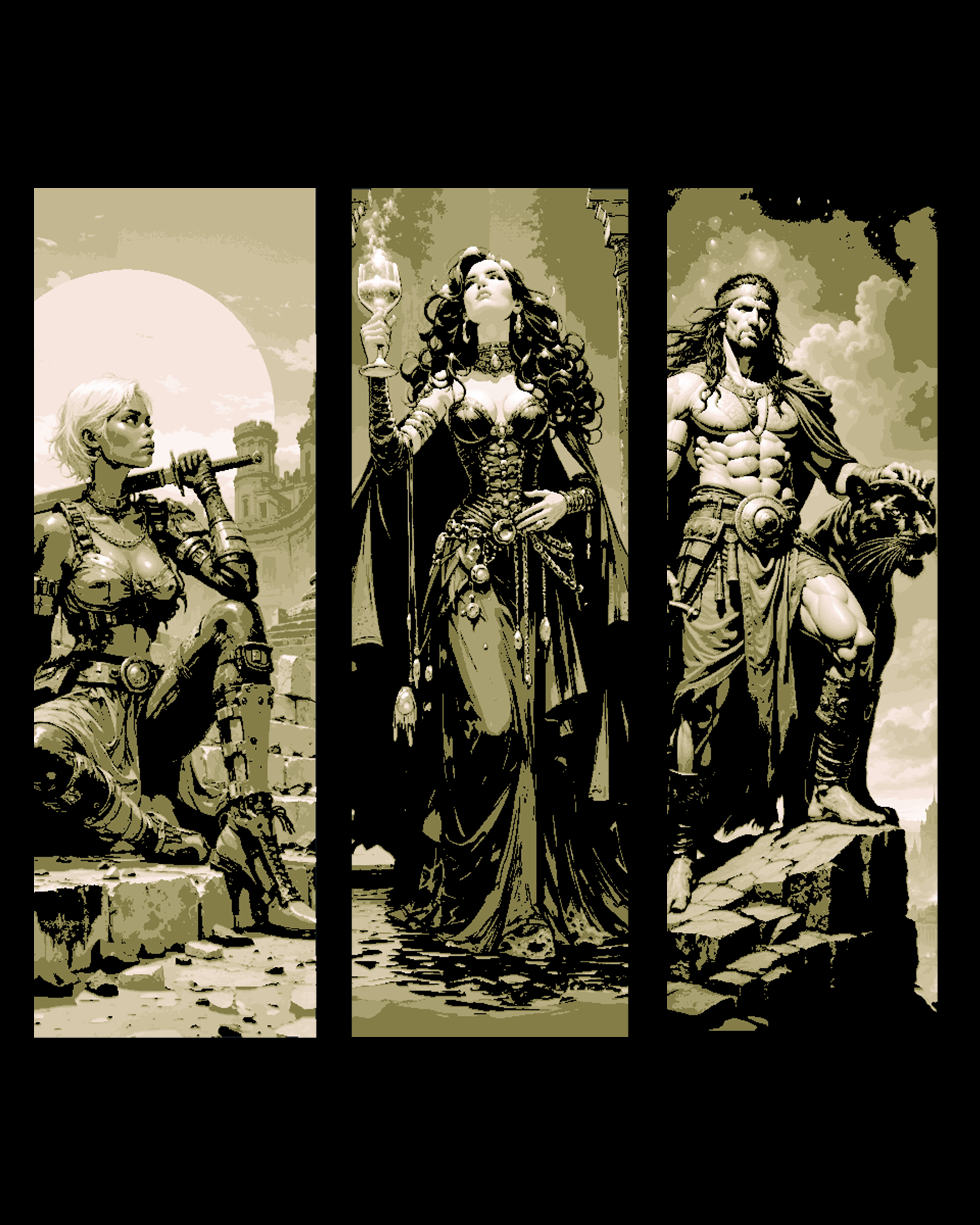 fantasy paintings of the heroes - sorceress, warrior and thief - set of bookmarks by BooneCo3d HueForge model: fantasy paintings of the heroes - sorceress, warrior and thief - set of bookmarks by BooneCo3d