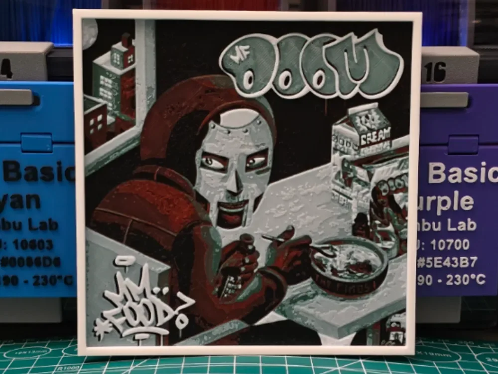 MF DOOM "mm..food" Album - Hueforge Art by Lumpy3D HueForge model: MF DOOM "mm..food" Album - Hueforge Art by Lumpy3D