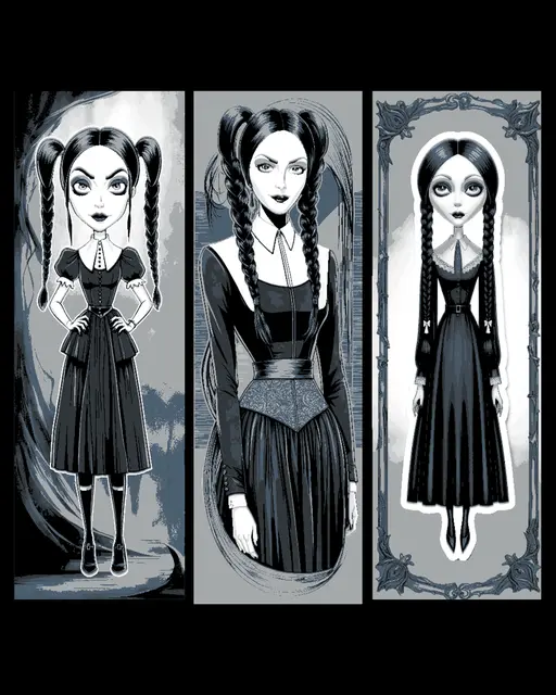 HueForge model: Folk/Gothic Art - Wednesday Addams Caricatures - Set of Bookmarks by BooneCo3d
