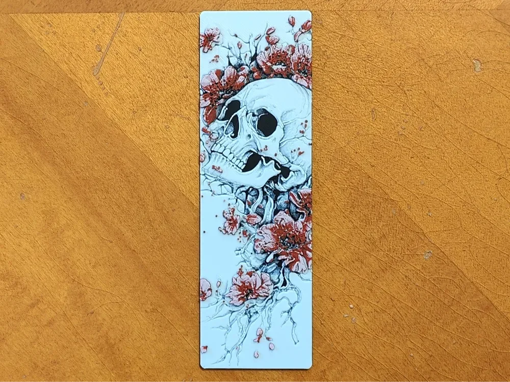 Skull and Cherry Blossoms Bookmark by Sarge HueForge model: Skull and Cherry Blossoms Bookmark by Sarge