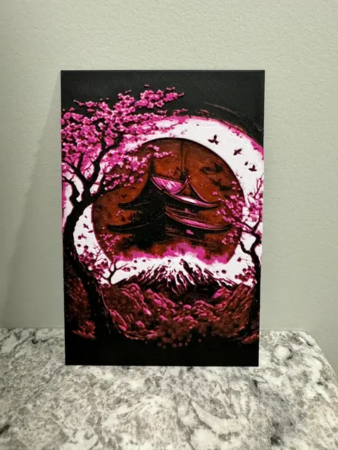 HueForge model: Pagoda with Cherry Blossoms - Hueforge 100x150 by Canadian Gamer
