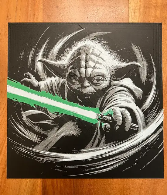 HueForge model: Yoda Swinging Green Lightsaber (Black Background) by JustBe 3D Printing