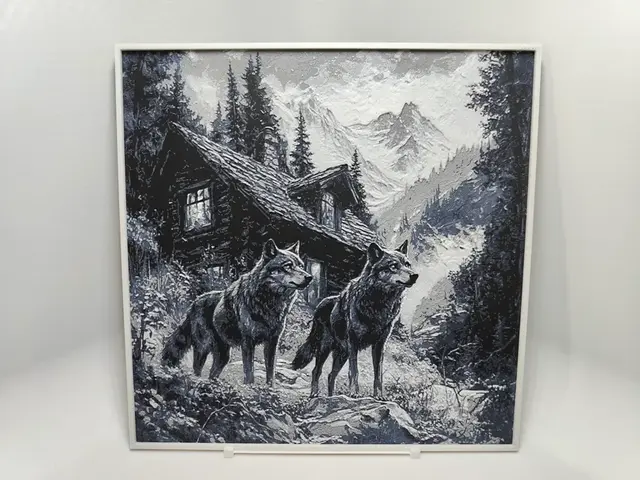 HueForge model: Wolfs near cabin in a valley - Hueforge by BeaN