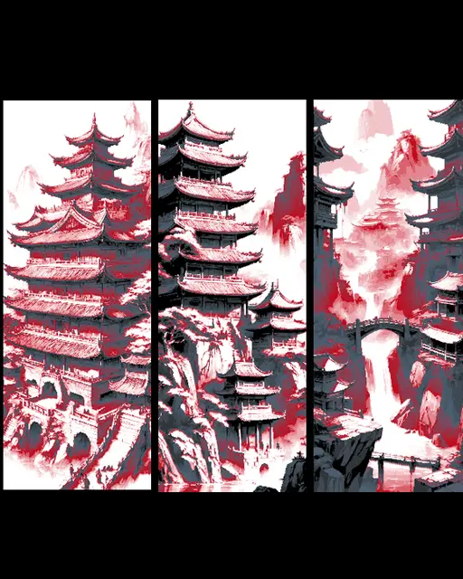 HueForge model: Fantasy view of Asian Mountain Temples in Red and Greys - Set of 3 Bookmarks by BooneCo3d