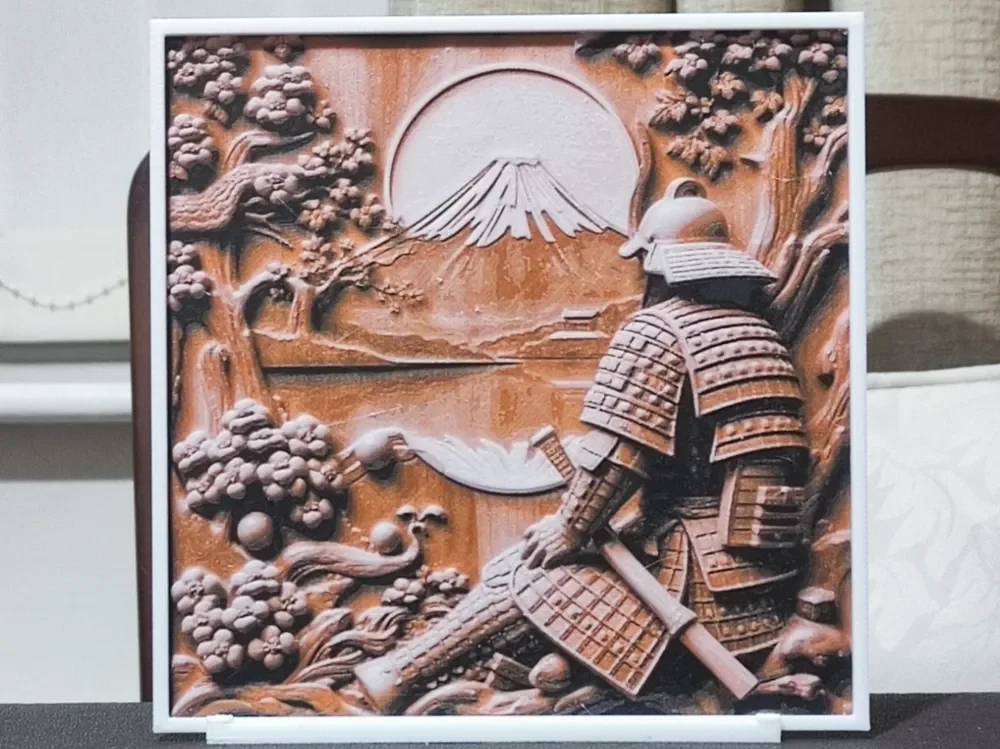 Wood Carving Samurai At Fuji - HueForge 3 Color by BoDad HueForge model: Wood Carving Samurai At Fuji - HueForge 3 Color by BoDad