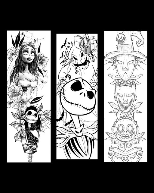 fanart black and white designs of characters from Nightmare before Christmas - Set of bookmarks