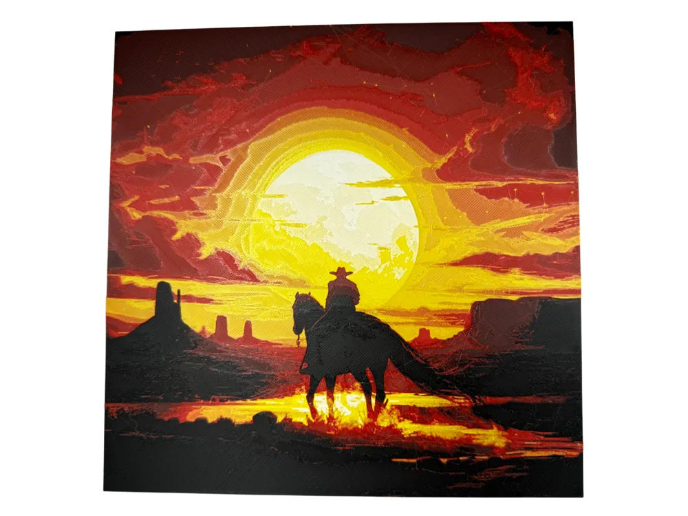 Cowboy riding off in the Sunset by Canadian Gamer HueForge model: Cowboy riding off in the Sunset by Canadian Gamer
