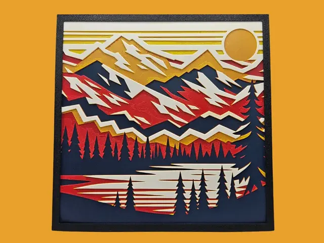 HueForge model: Autumn Sun Sets Over the Mountains by BusyKikiBee