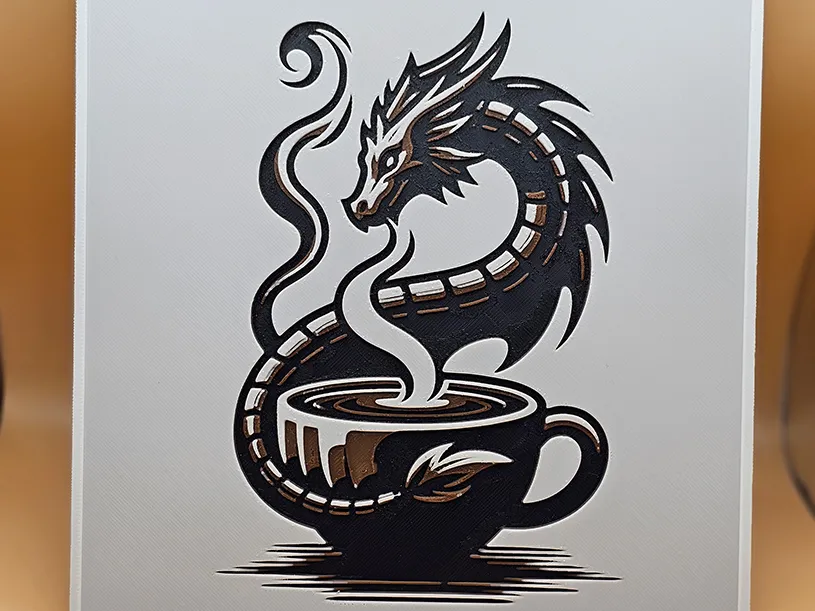 Dragon and Coffee - Hueforge - 200x200 - 4 colors by doodleddigital HueForge model: Dragon and Coffee - Hueforge - 200x200 - 4 colors by doodleddigital