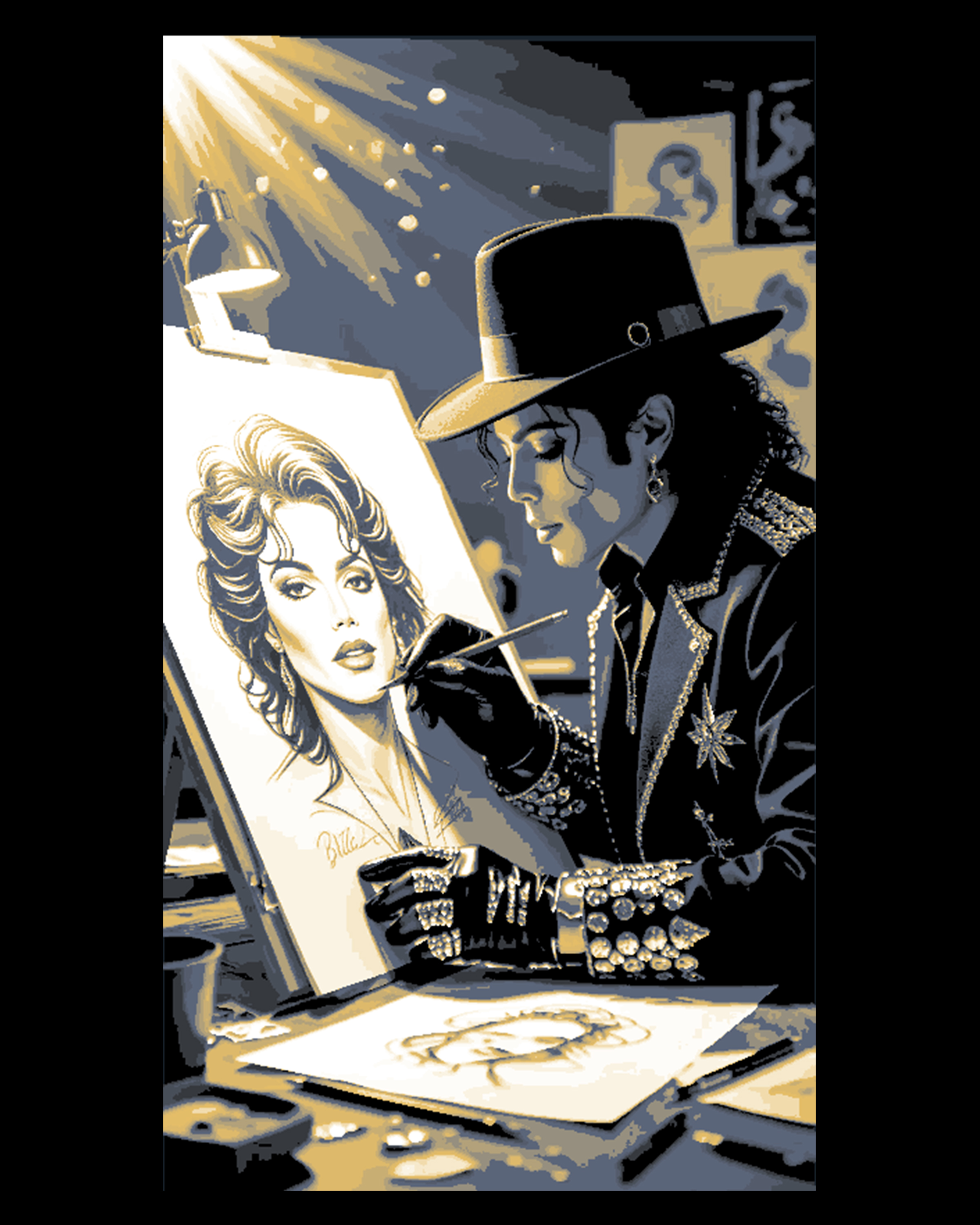 Fan Art depiction of Michael Jackson drawing the portrait of Billie Jean of by BooneCo3d HueForge model: Fan Art depiction of Michael Jackson drawing the portrait of Billie Jean of by BooneCo3d