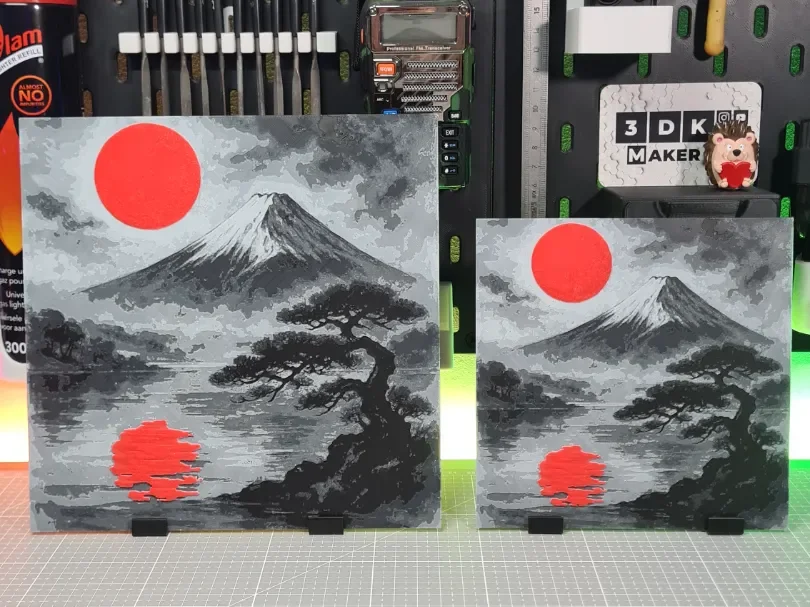 Red Moon Mountain Landscape – Hueforge – 4 Colors by Montoya Maker HueForge model: Red Moon Mountain Landscape – Hueforge – 4 Colors by Montoya Maker