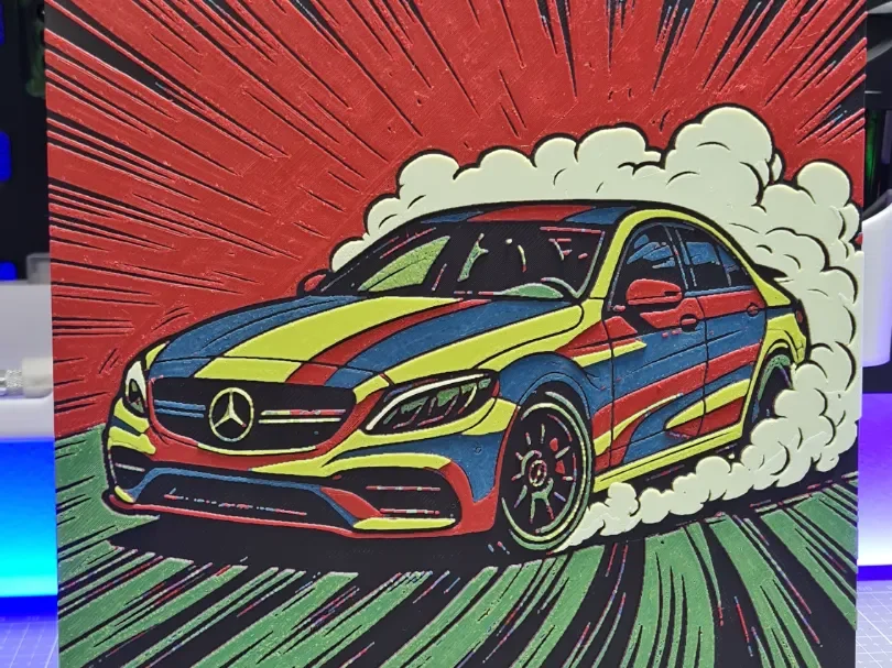 Mercedes Drift - 5 Colors - Hueforge 200x200 by Montoya Maker HueForge model: Mercedes Drift - 5 Colors - Hueforge 200x200 by Montoya Maker