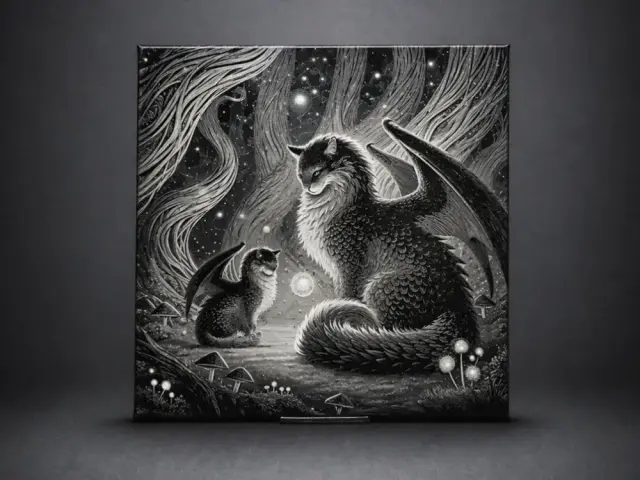 Dragon cat with kitten in magical forest