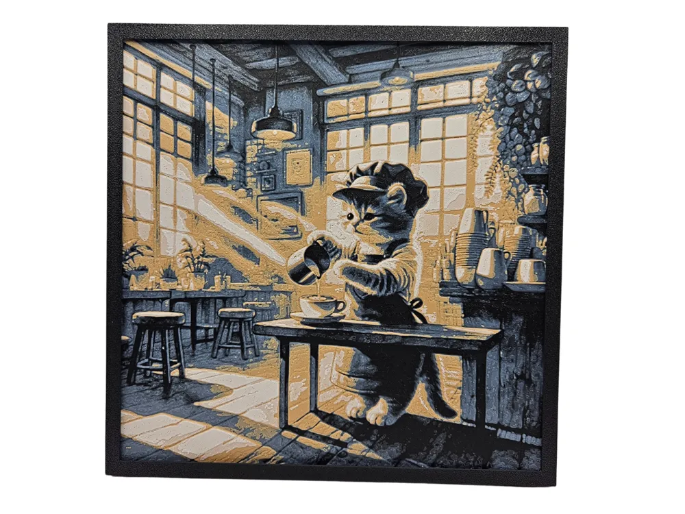 Kitten Barista - Hueforge by Canadian Gamer HueForge model: Kitten Barista - Hueforge by Canadian Gamer