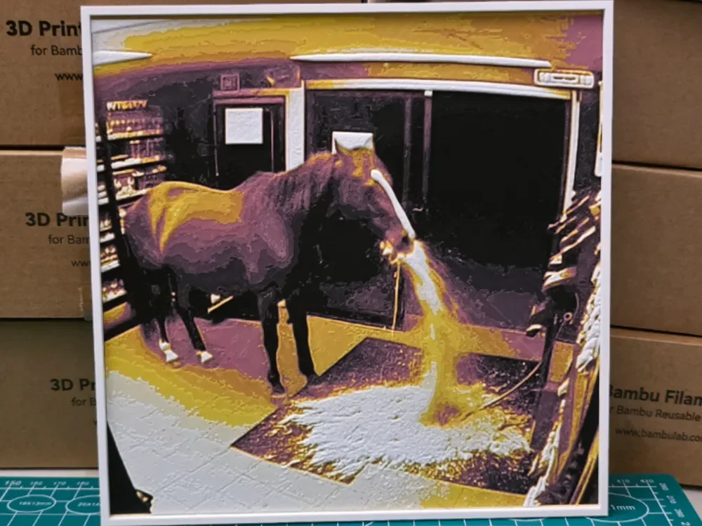 Horse Vomiting Violently In Convenience Store Art by Lumpy3D HueForge model: Horse Vomiting Violently In Convenience Store Art by Lumpy3D