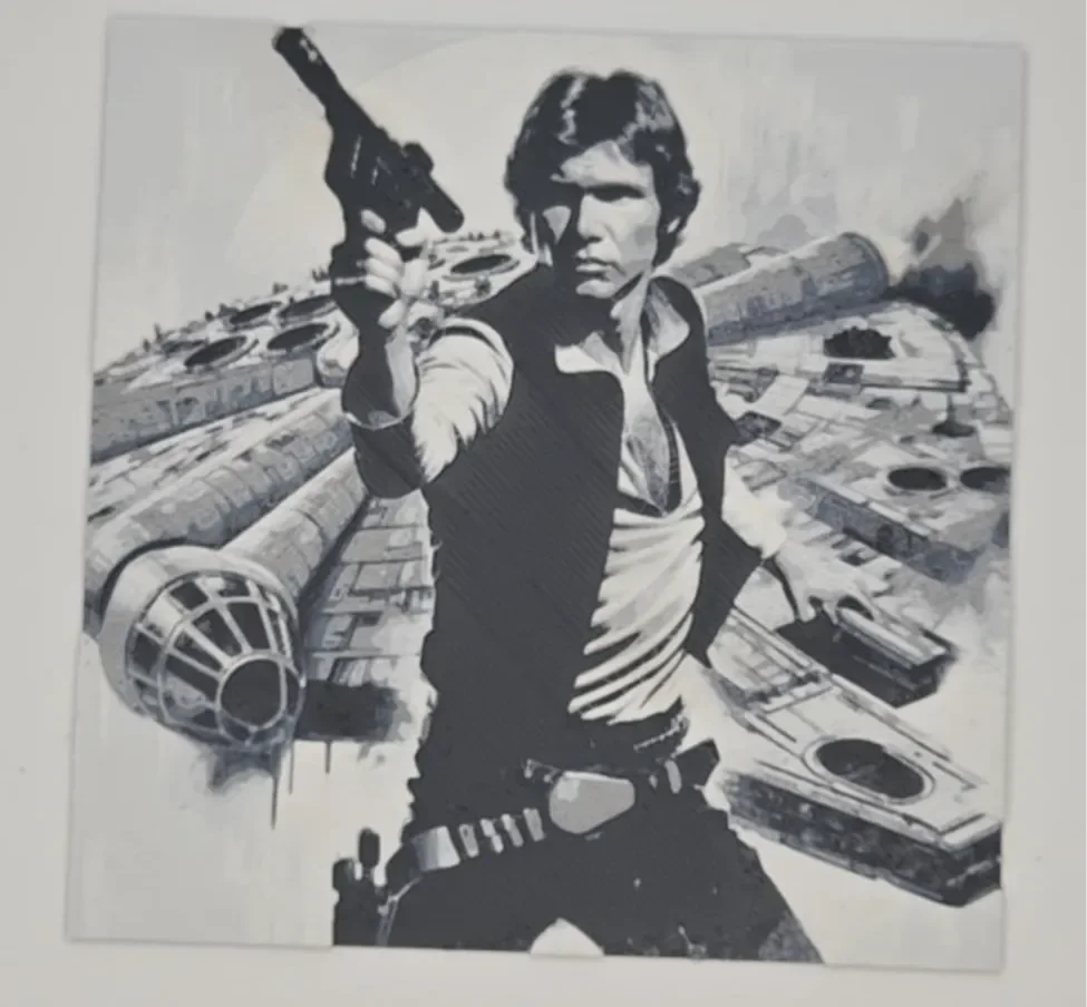 Han Solo with the Millennium Falcon Hueforge by LoFi Layers HueForge model: Han Solo with the Millennium Falcon Hueforge by LoFi Layers