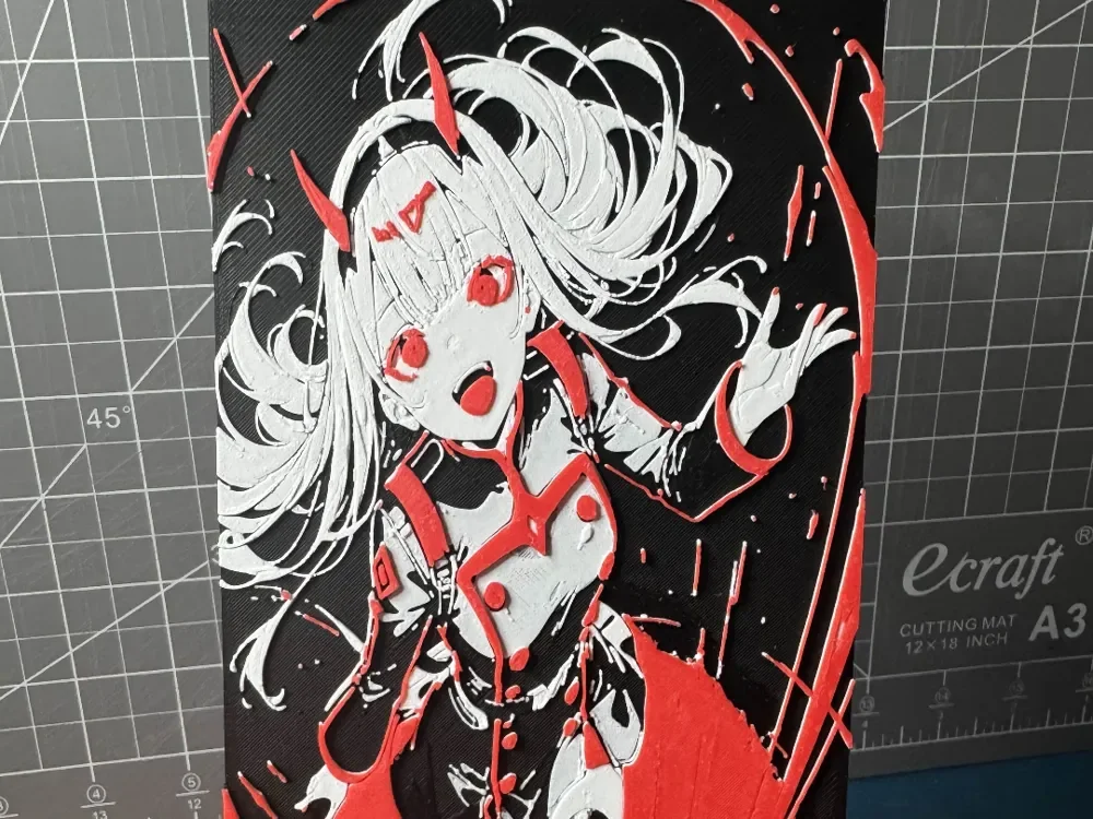 4x8 hueforge of Zero Two DARLING in the FRANXX by SBC Creations HueForge model: 4x8 hueforge of Zero Two DARLING in the FRANXX by SBC Creations