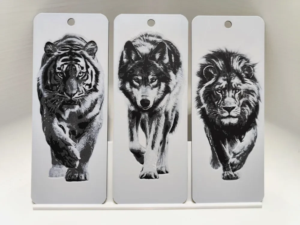 Tiger, Wolf, and Lion Bookmark Set by BeaN HueForge model: Tiger, Wolf, and Lion Bookmark Set by BeaN