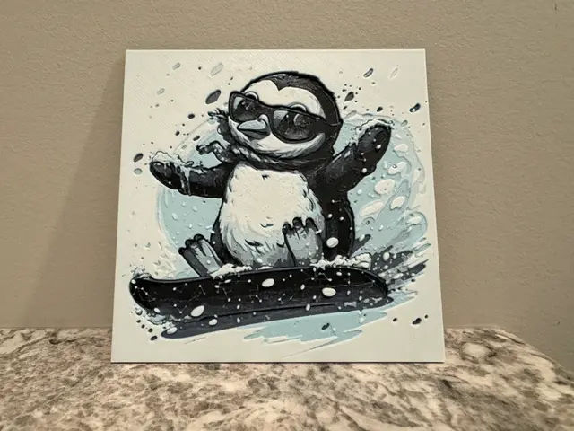 HueForge model: Penguin Snowboarding - Cute Animal Hueforge by Canadian Gamer