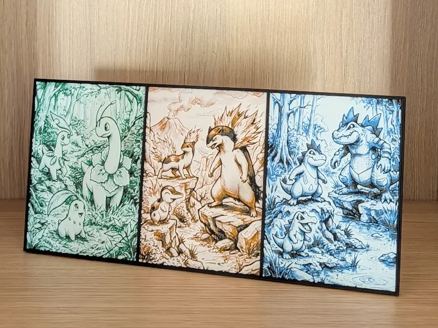 Johto Starter Evolutions Pokemon Hueforge & Frame by Nextopia HueForge model: Johto Starter Evolutions Pokemon Hueforge & Frame by Nextopia