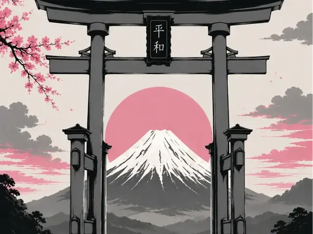Japanese Tori, cherry blossoms, Mt Fuji
