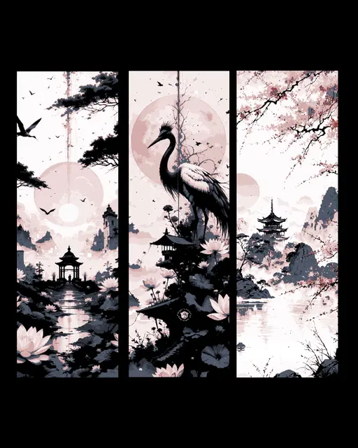 HueForge model: Elegant pen and ink drawings of like long ago in Japan - Set of bookmarks by BooneCo3d