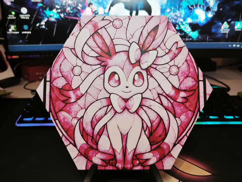Hueforge Sylveon Pokemon honeycomb pattern by JGz3DMaker HueForge model: Hueforge Sylveon Pokemon honeycomb pattern by JGz3DMaker