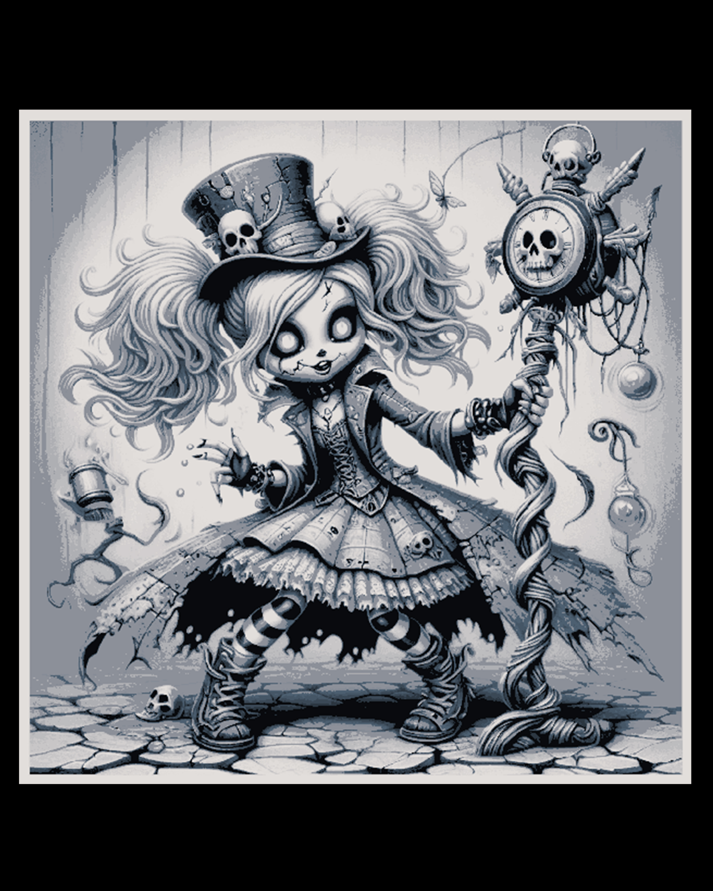 Black and white design of a slightly crazy playfull doll at work - hueforge art by BooneCo3d HueForge model: Black and white design of a slightly crazy playfull doll at work - hueforge art by BooneCo3d