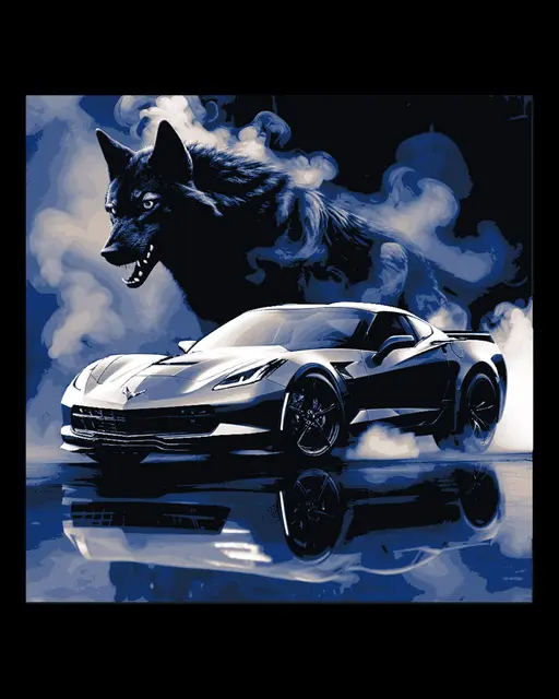 HueForge model: Modern Chevy Corvette in rich blues and greys - Black wolf on the Prowl by BooneCo3d