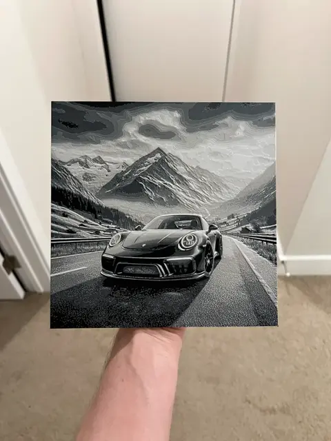 HueForge model: Porsche Driving through the Mountains Hueforge by RP47 Designs
