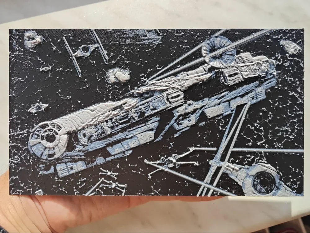 Millennium Falcon in battle - Hueforge by BeaN HueForge model: Millennium Falcon in battle - Hueforge by BeaN