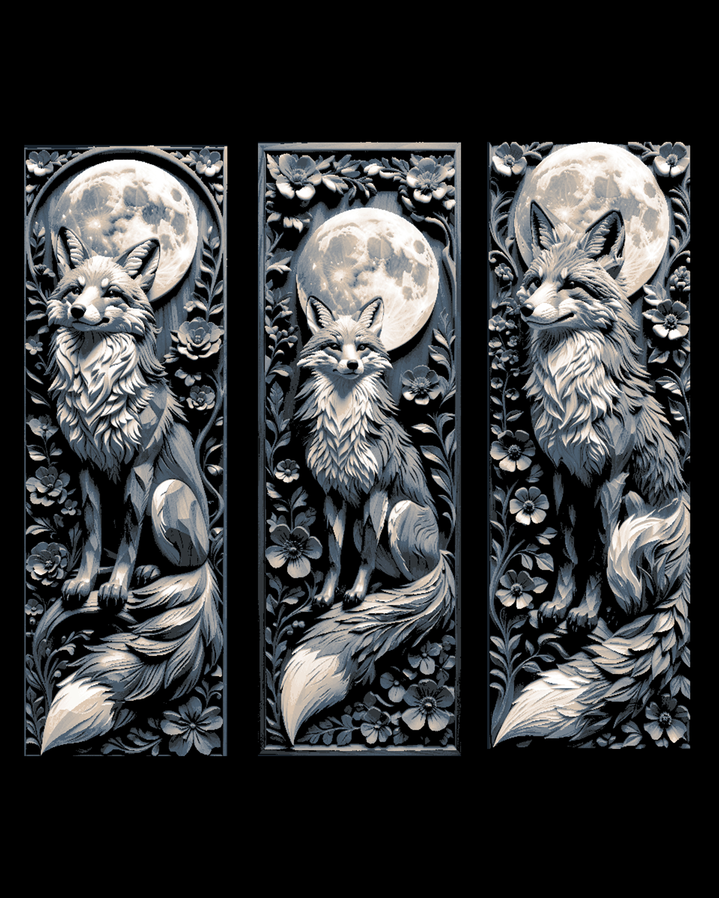 Panel carvings of the sly Fox in Greys - Set of Bookmarks by BooneCo3d HueForge model: Panel carvings of the sly Fox in Greys - Set of Bookmarks by BooneCo3d