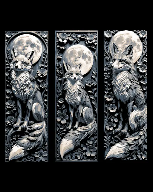 HueForge model: Panel carvings of the sly Fox in Greys - Set of Bookmarks by BooneCo3d