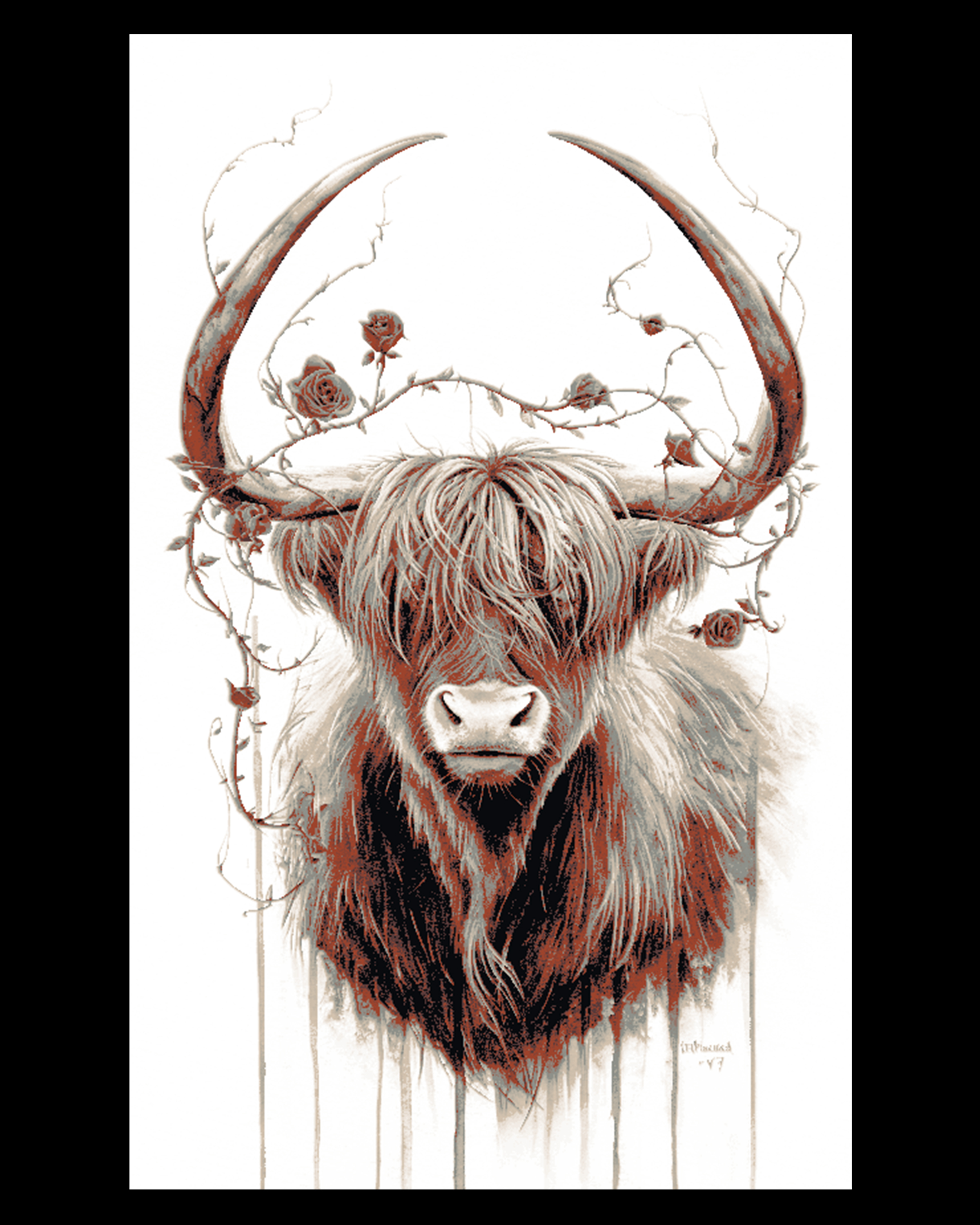 Artistic Depiction of a Highland Bull caught up with Roses - Hueforge Art by BooneCo3d HueForge model: Artistic Depiction of a Highland Bull caught up with Roses - Hueforge Art by BooneCo3d