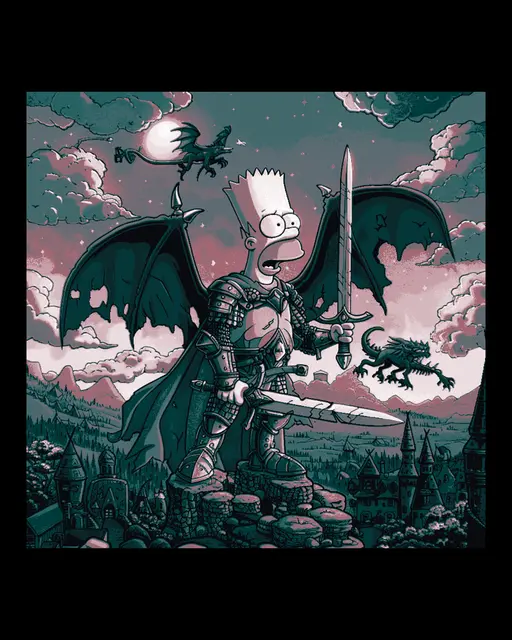 Fan Art of the Simpsons - Bart Simpson as an Aged Winged Knight in a fantasy Realm