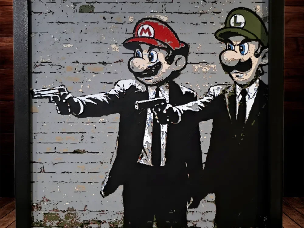 Pulp Fiction Bros. - Banksy/Retro Gaming Series by Side Quest Hues HueForge model: Pulp Fiction Bros. - Banksy/Retro Gaming Series by Side Quest Hues