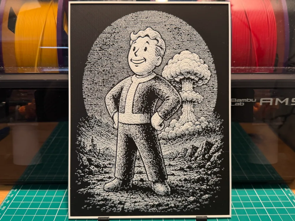 Fallout Vault Boy Explosion Poster by liv_3d HueForge model: Fallout Vault Boy Explosion Poster by liv_3d