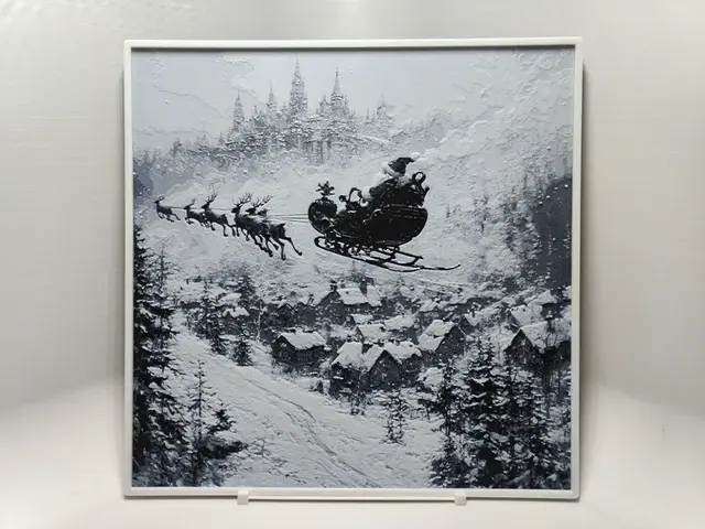 Santa flying over village - Hueforge